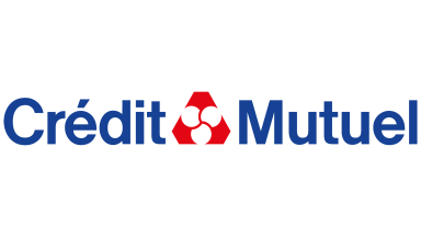 Logo de Crédit Mutuel avec un symbole rouge et le texte en bleu.