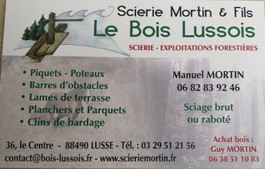 Logo de la scierie Mortin & Fils, avec coordonnées et services proposés.