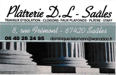 Carte de visite de Plâtrerie D.L., incluant contact et adresse.