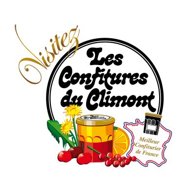 Logo des Confitures du Climon, avec des fruits et un pot de confiture.
